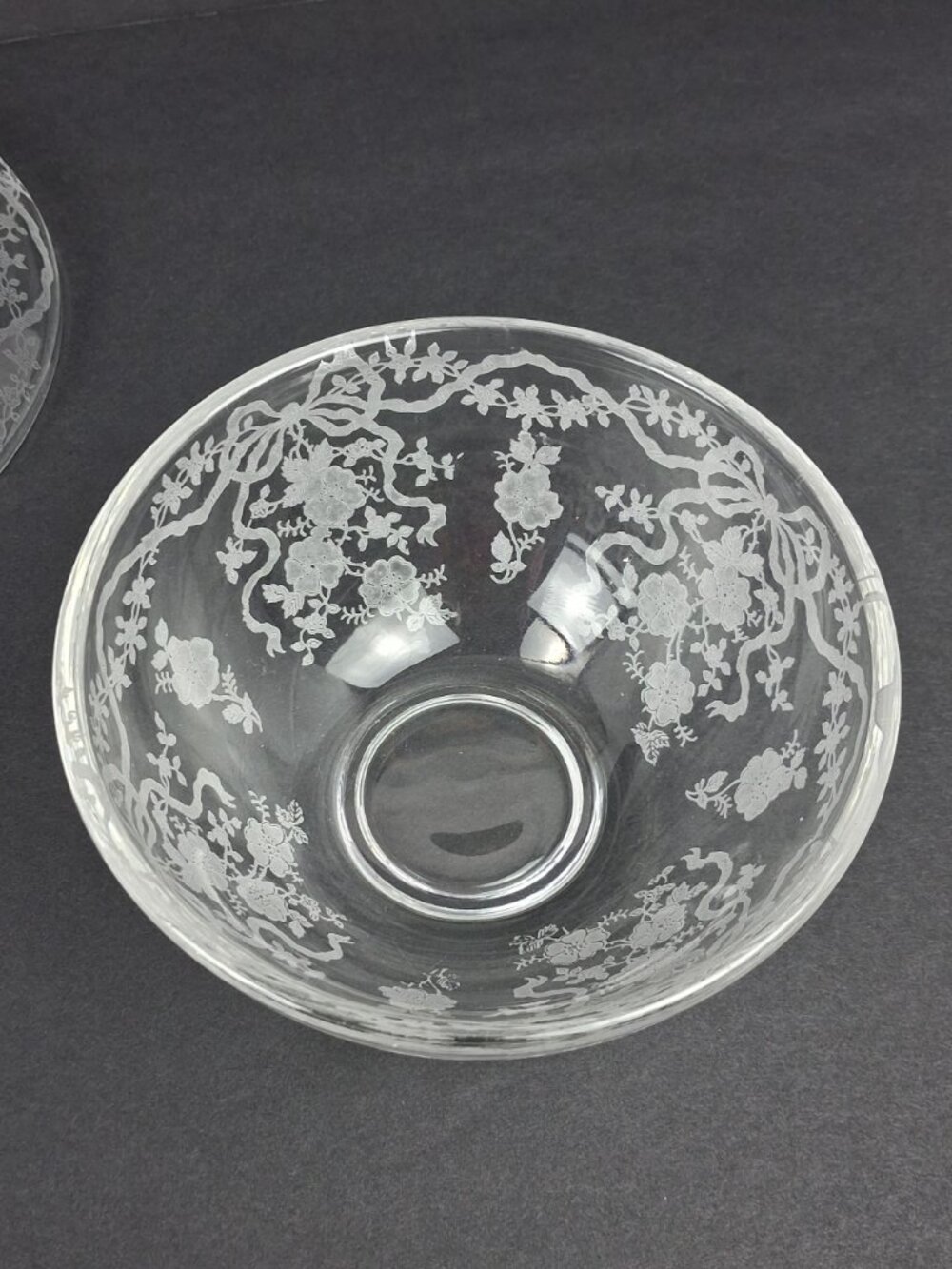 VTG 1940's Fostoria Romance Etched Crystal Mayonnaise Set Florals & Ribbons - Picture 9 of 12